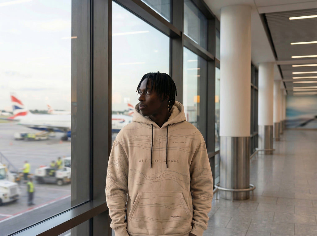 Person wearing a beige hoodie standing by a window at an airport.