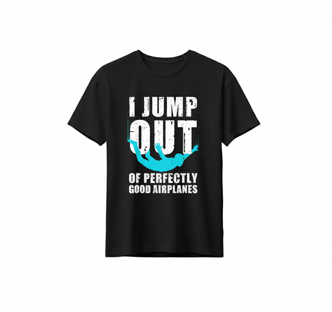 Black t-shirt with humorous text design on a white background